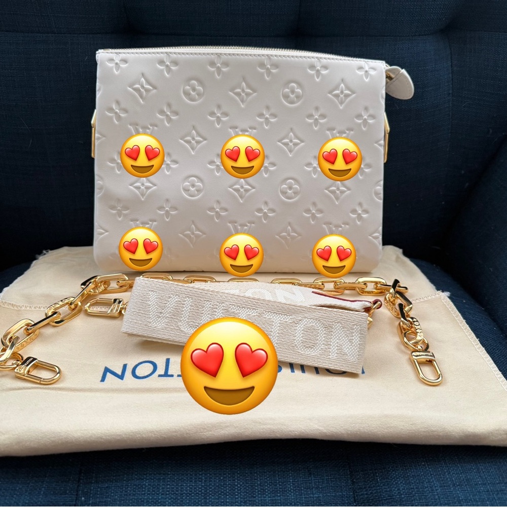 Cream Crossbody Bag with Emoji Accents and Gold Chain